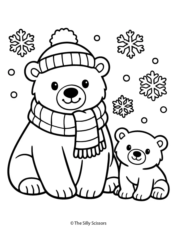 Friendly polar bear wearing a scarf with gentle snowflakes, winter animal coloring page for kids.