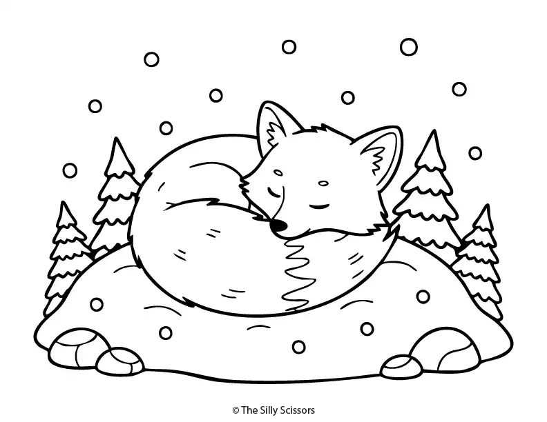 Sleeping fox curled up on a snowy hill with pine trees and falling snow, peaceful winter animal coloring page.