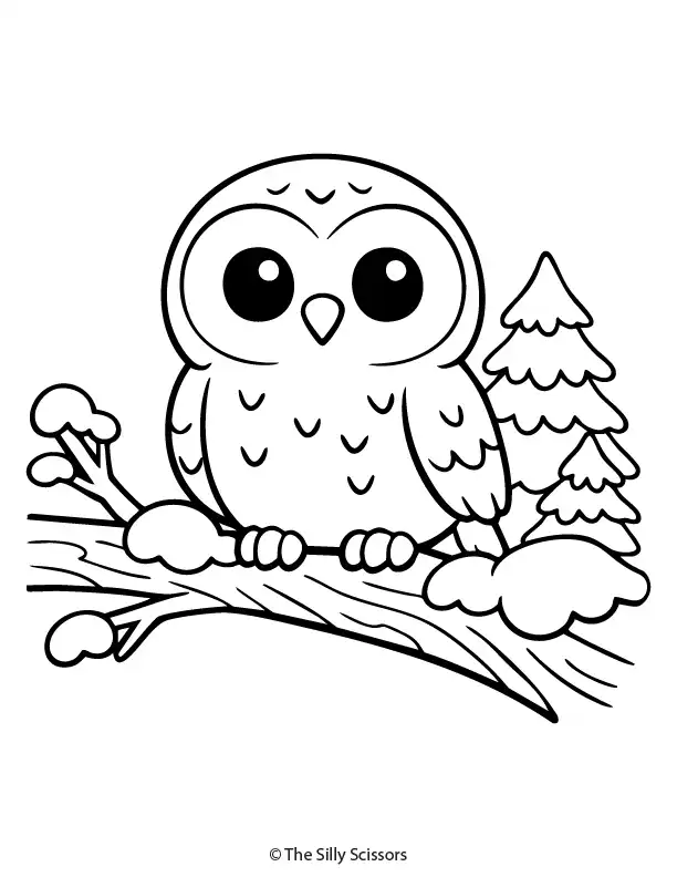 Snowy owl perched on a snow-covered tree branch, calm winter owl coloring page for kids.