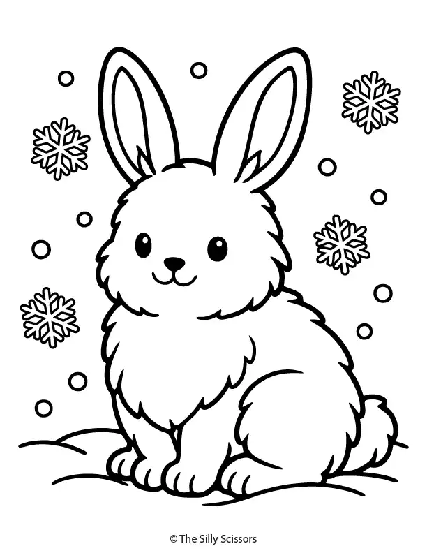 Cute arctic hare with white winter fur sitting in falling snow, simple winter bunny coloring page.