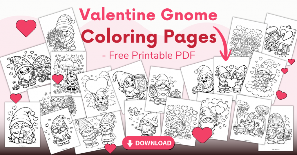 Valentine gnome coloring pages preview showing multiple cute gnome designs with hearts and a free printable PDF download