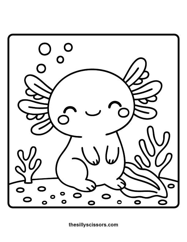 Cute axolotl sitting underwater coloring page printable PDF with simple bold outlines and bubbles.