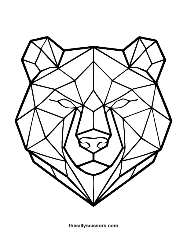 Geometric angular bear coloring page in bold low-poly black and white line art.