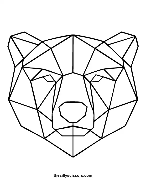 Geometric bear coloring page with clean symmetrical polygon design.