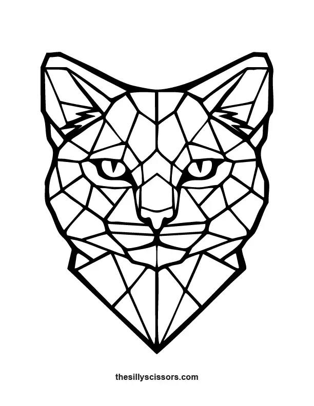 Geometric cat coloring page with symmetrical low-poly facial structure in black line art.