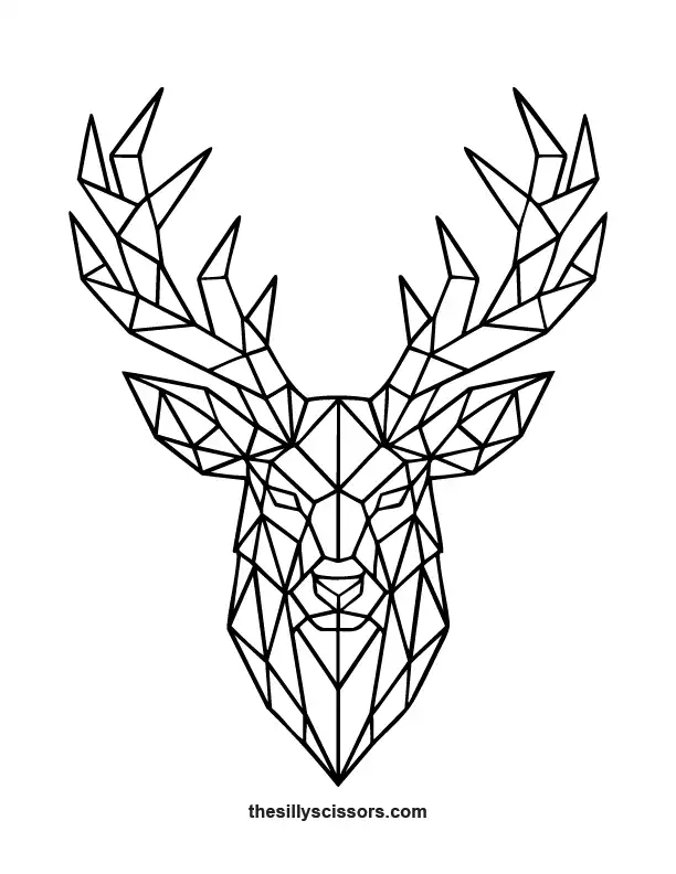 Geometric deer with tall antlers coloring page in angular low-poly style.