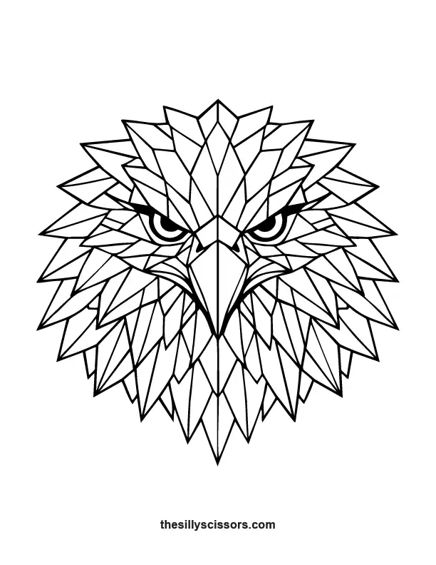 Geometric eagle coloring page with angular beak and layered polygon feather details.