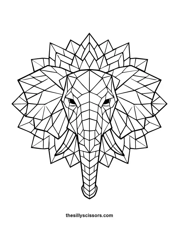 Geometric elephant mandala coloring page with circular layered polygon pattern.