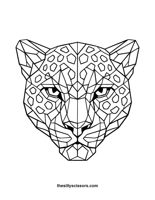 Geometric leopard coloring page with angular low-poly facial structure.