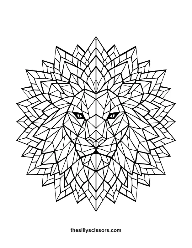 Geometric lion mandala coloring page with intricate layered polygon mane.