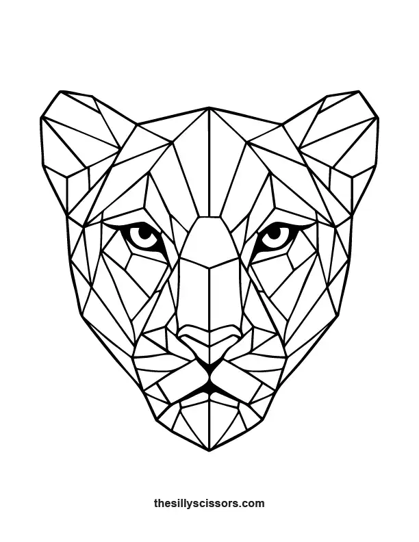Geometric lioness coloring page with elegant symmetrical polygon design.