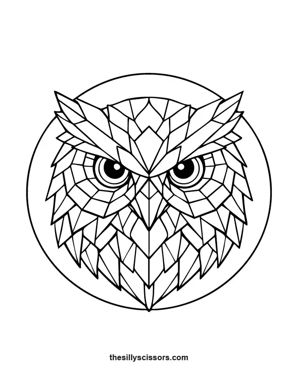 Geometric owl coloring page inside a circular frame with detailed polygon feathers.