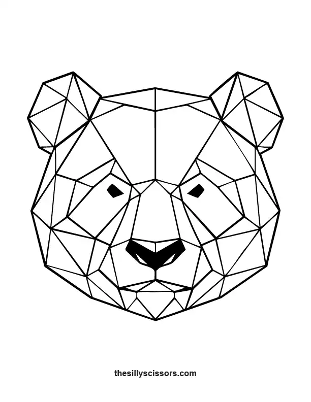 Geometric panda coloring page in minimalist low-poly black and white line art style.
