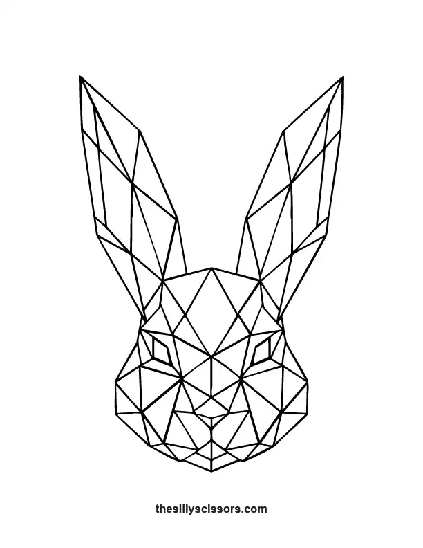 Geometric rabbit coloring page with long angular ears in clean polygon style.