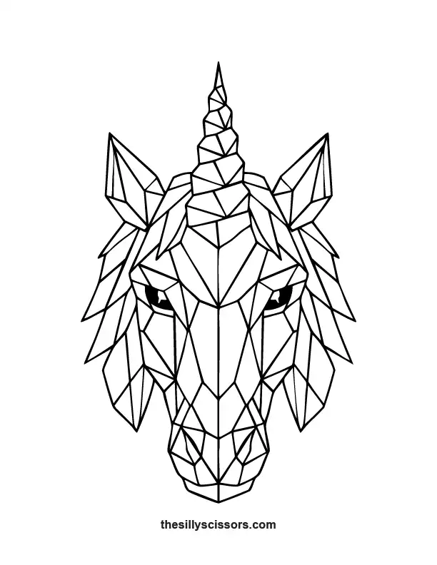 Geometric unicorn coloring page with faceted spiral horn and polygon details.
