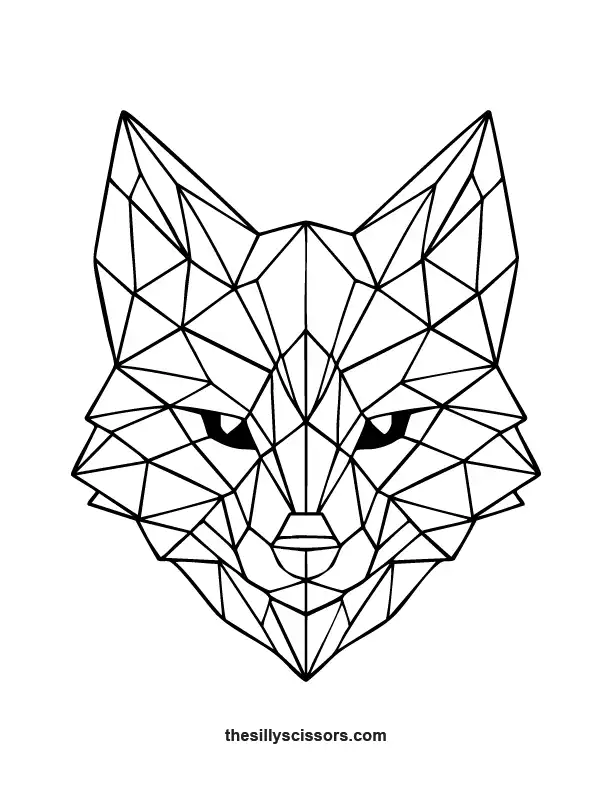 Geometric wolf coloring page with balanced symmetrical low-poly face.