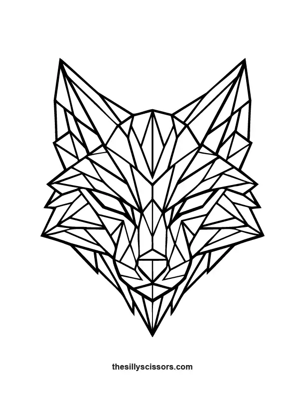 Geometric minimalist wolf coloring page with simplified angular polygon structure.