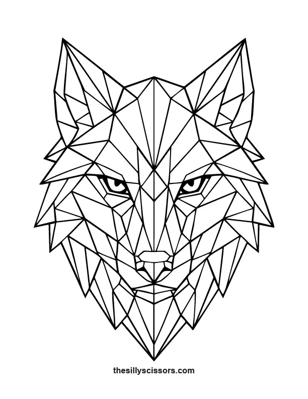 Geometric wolf coloring page with sharp angular low-poly features.