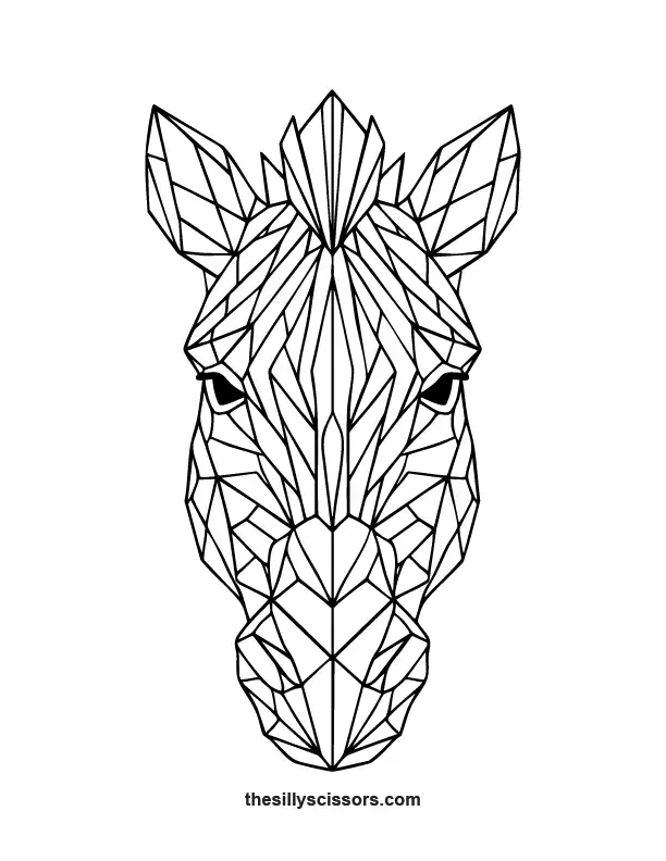 Geometric zebra coloring page with angular polygon stripe pattern.