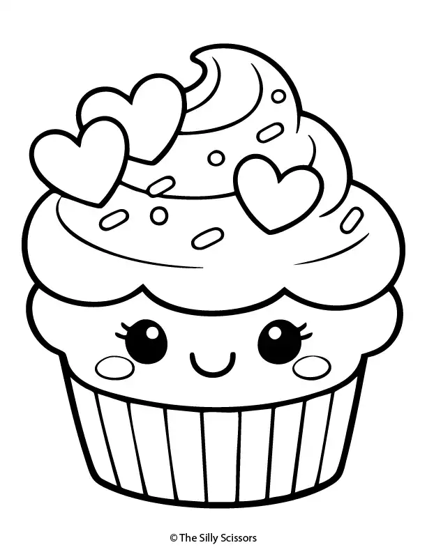 Smiling cupcake with heart toppings and sprinkles in black and white line art.
