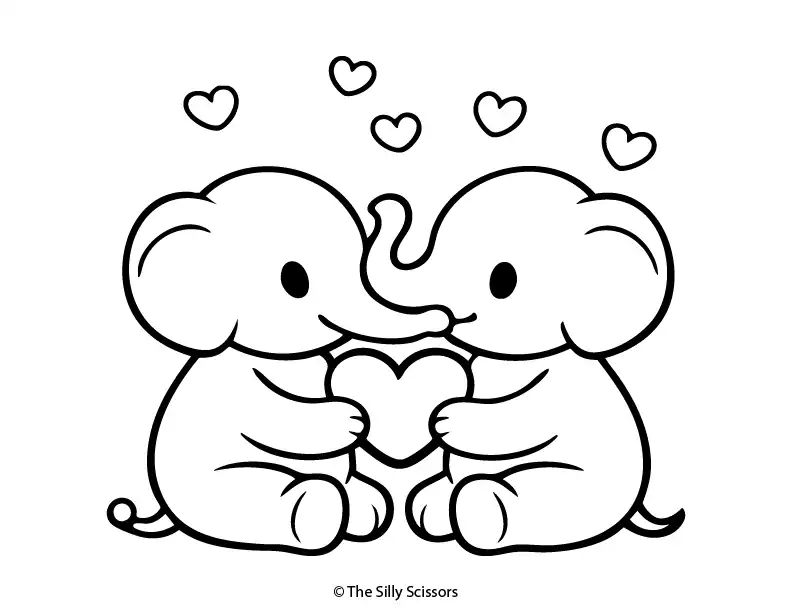 Cute elephants holding a heart with small hearts above them in black and white line art.