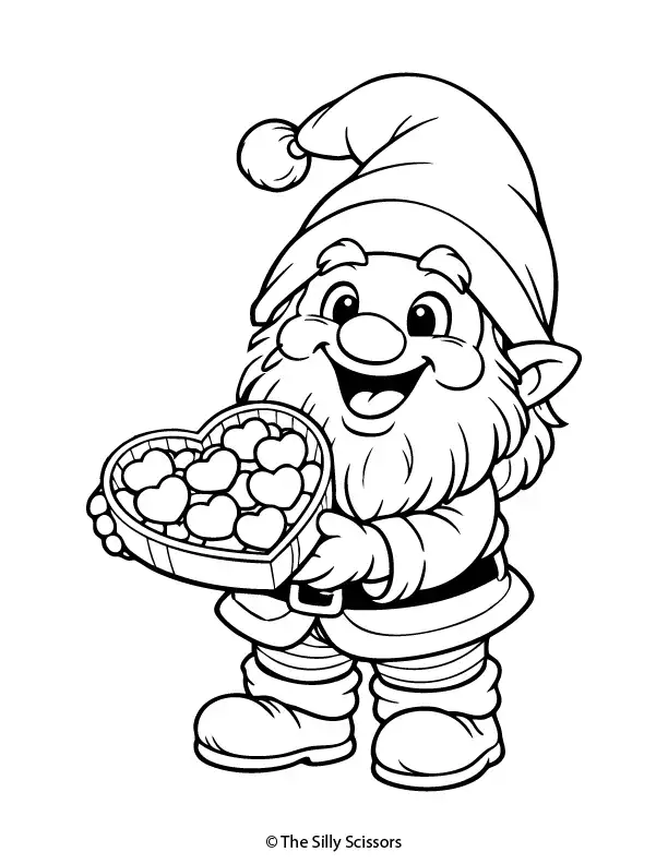 Valentine gnome with a basket of hearts – free printable coloring page PDF