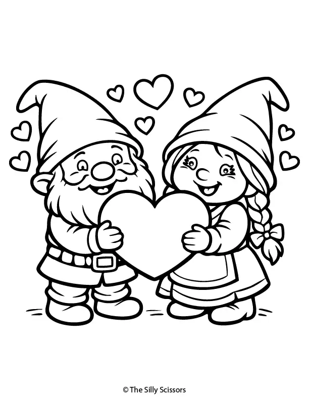 Valentine gnome couple holding a big heart – free printable coloring page PDF
