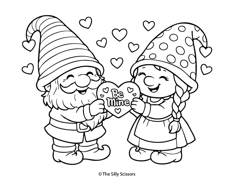 Be Mine Valentine gnome couple – free printable coloring page PDF