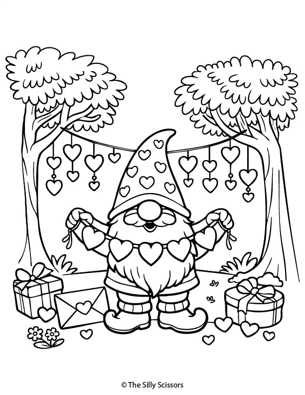 Valentine party gnome with heart garland – free printable coloring page PDF