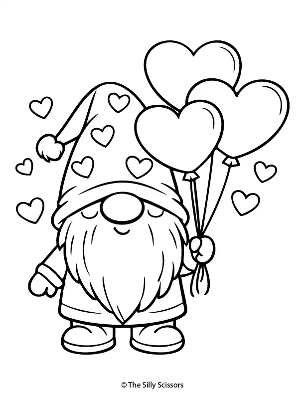 Cute gnome holding heart-shaped balloons in black and white line art.