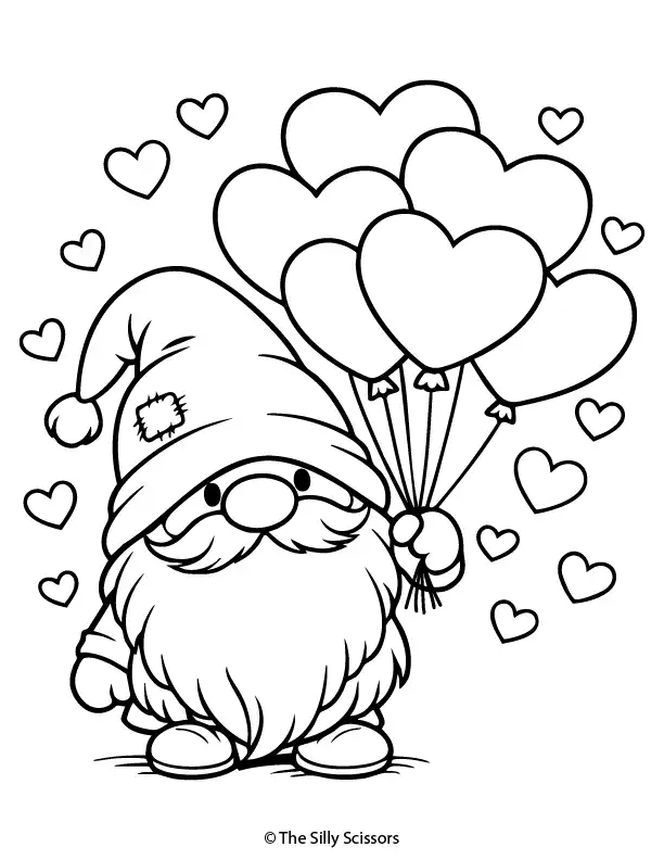Valentine gnome holding heart balloons – free printable coloring page PDF
