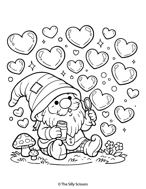 Valentine gnome blowing heart bubbles – free printable coloring page PDF