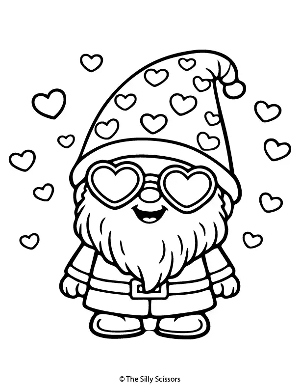 Valentine gnome wearing heart sunglasses – free printable coloring page PDF