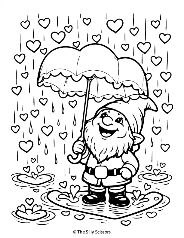Valentine gnome with heart umbrella – free printable coloring page PDF