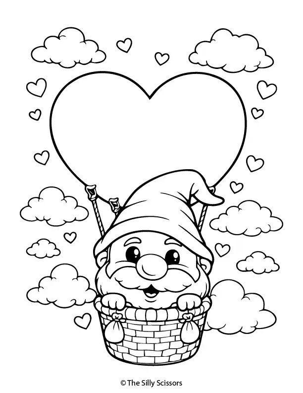 Valentine gnome with heart balloon – free printable coloring page PDF