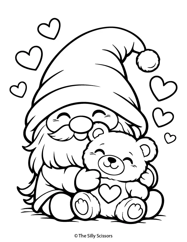 Valentine gnome hugging a teddy bear – free printable coloring page PDF