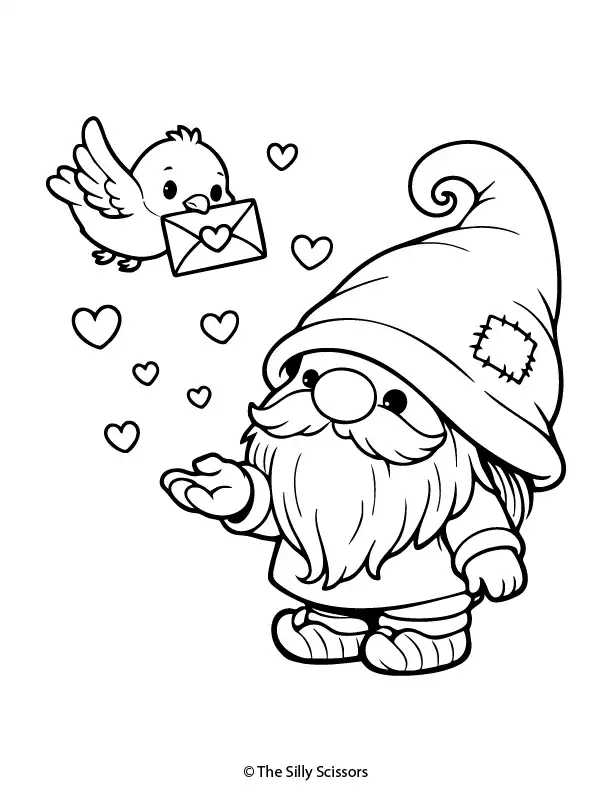 Valentine gnome sending a love letter – free printable coloring page PDF