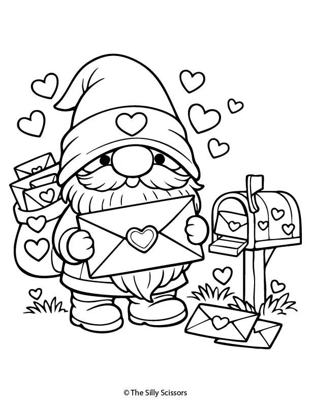 Valentine gnome with mailbox and love letters – free printable coloring page PDF