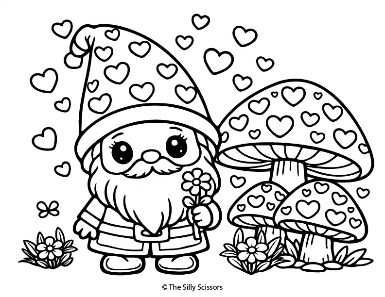 Valentine gnome in a mushroom forest – free printable coloring page PDF