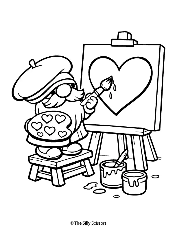 Artist gnome painting a heart – free printable coloring page PDF