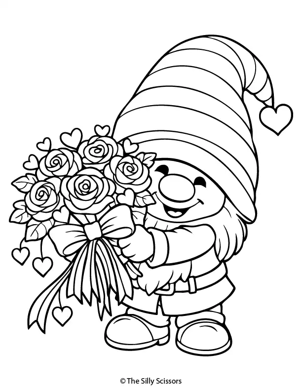 Valentine gnome holding a rose bouquet – free printable coloring page PDF