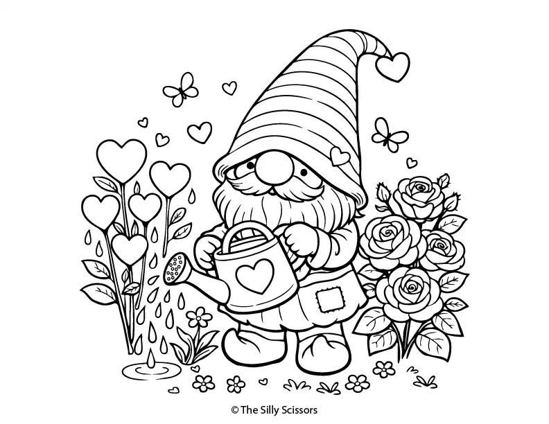 Valentine gnome watering heart flowers – free printable coloring page PDF