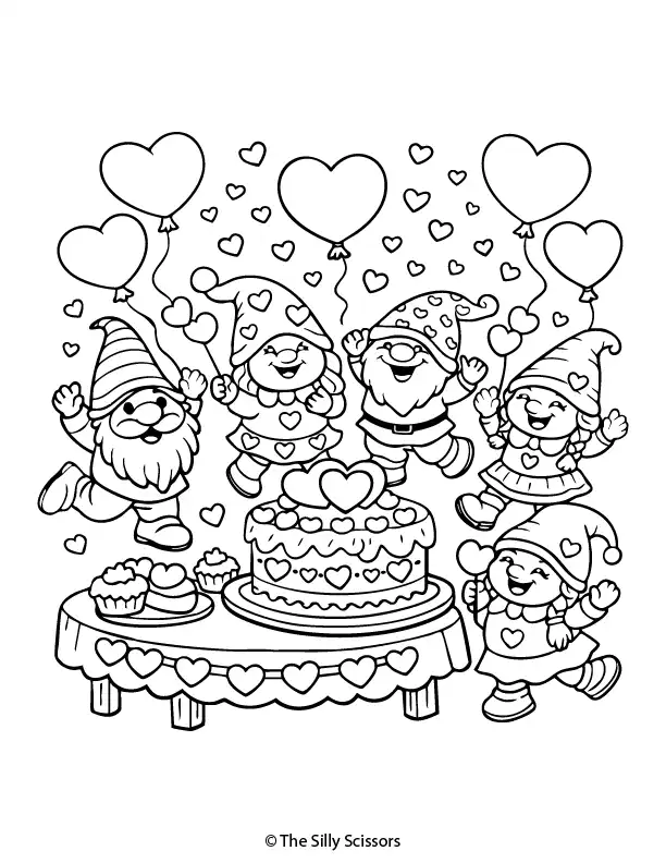 Valentine gnome cake party – free printable coloring page PDF