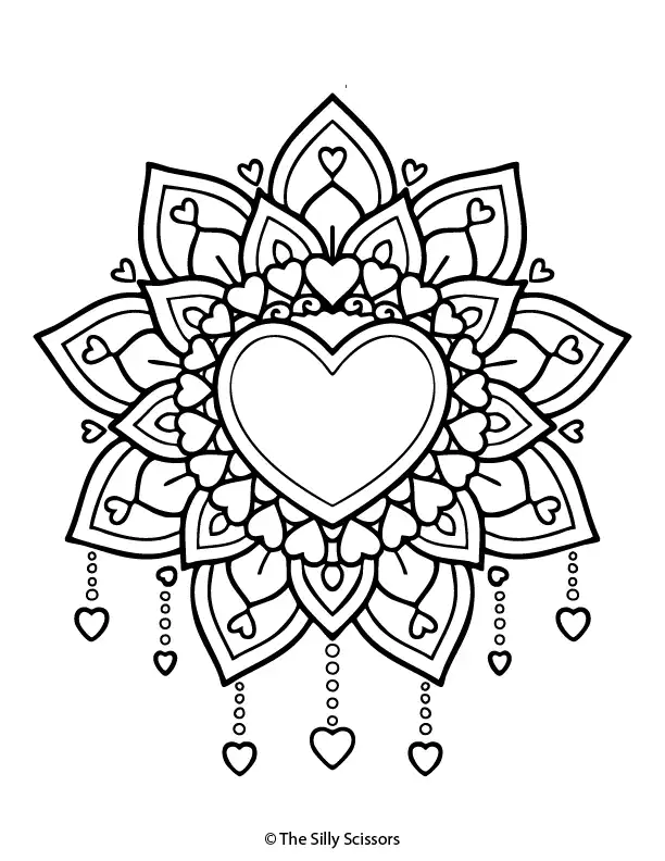Large heart filled with flowers and leaves in a mandala pattern in black and white line art.