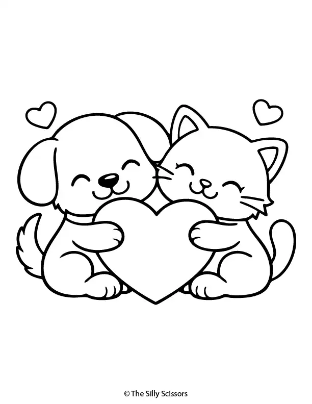 Cute puppy and kitten hugging with a heart in black and white line art.
