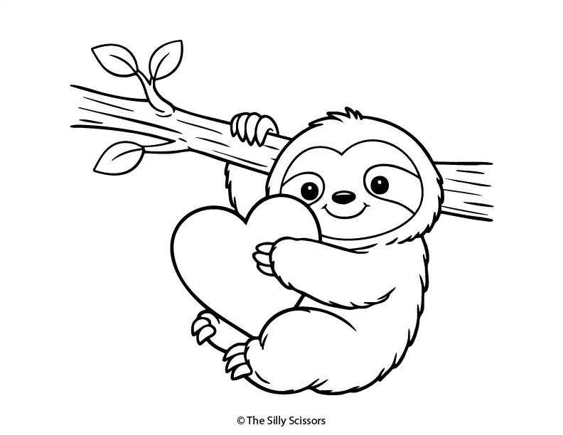 Cute sloth hugging a heart while hanging from a branch in black and white line art.