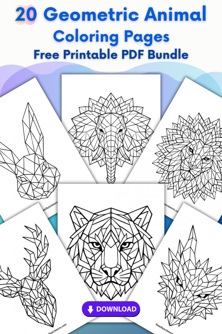 20 geometric animal coloring pages printable PDF bundle with low poly wolf, bear, cat, unicorn, elephant and deer designs