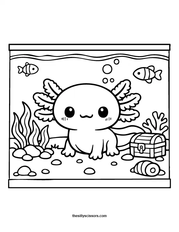 Cute axolotl in aquarium scene coloring page.