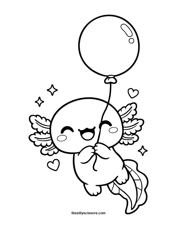 Cute axolotl flying with balloon coloring page.