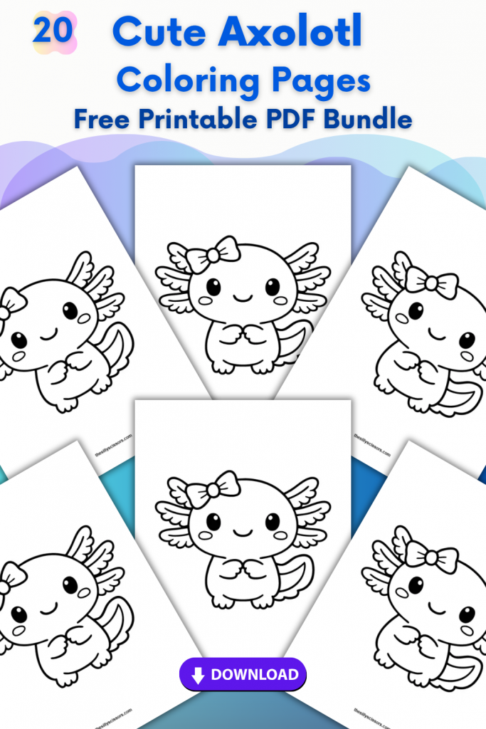 cute axolotl coloring pages printable PDF bundle with kawaii axolotl designs for kids and adults